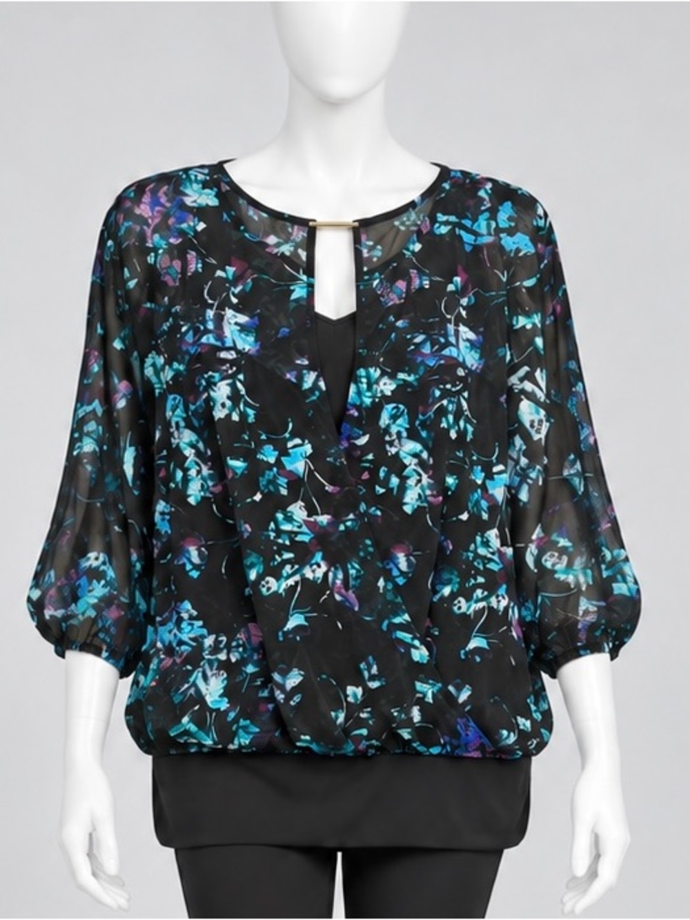 Jennifer Lopez Black Sheer Blouson Top with Teal & Purple Floral Print